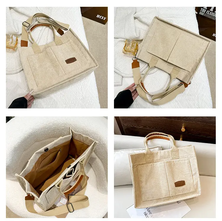 Beige Canvas College Student Tote Bag Large Capacity — feature 13