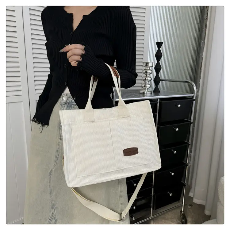 Beige Canvas College Student Tote Bag Large Capacity — feature 22