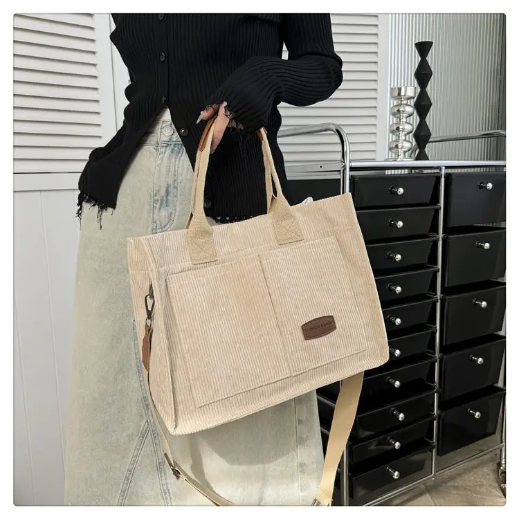 Beige Canvas College Student Tote Bag Large Capacity — feature 23