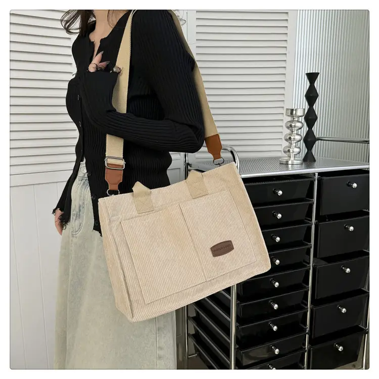 Beige Canvas College Student Tote Bag Large Capacity — feature 24