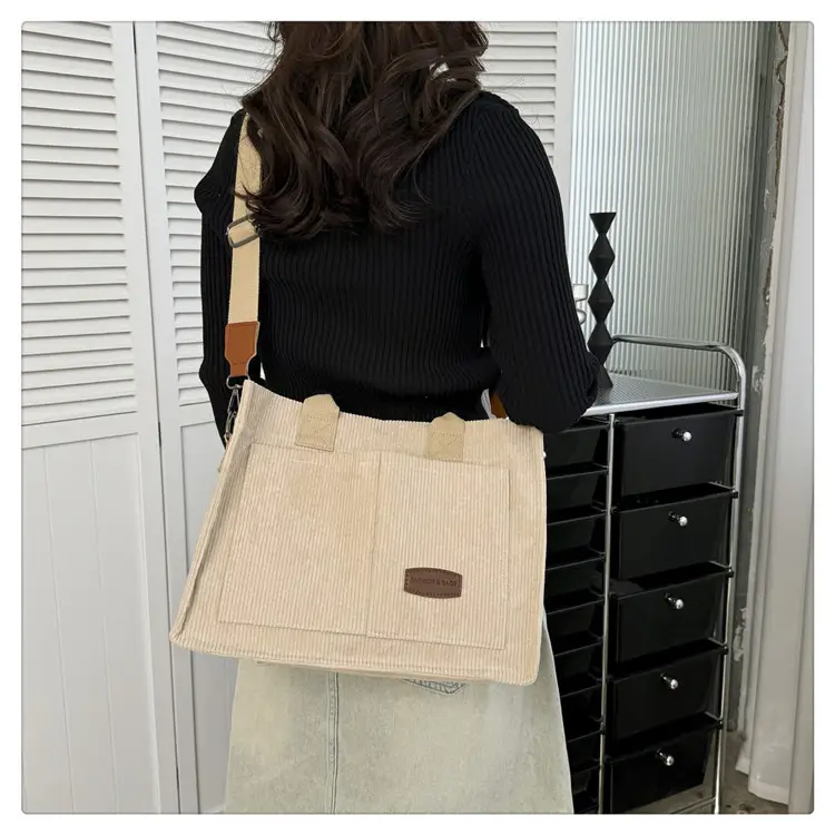 Beige Canvas College Student Tote Bag Large Capacity — feature 25