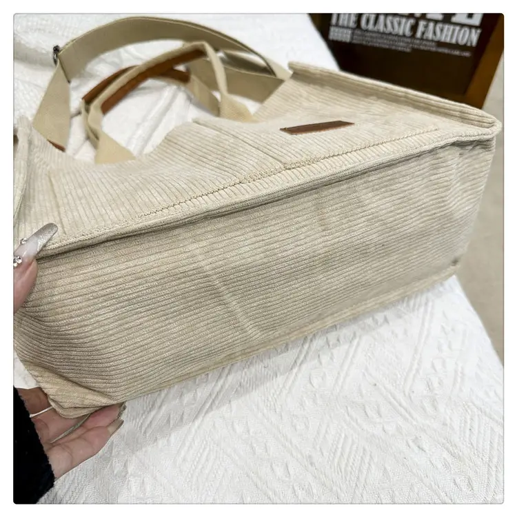 Beige Canvas College Student Tote Bag Large Capacity — feature 5