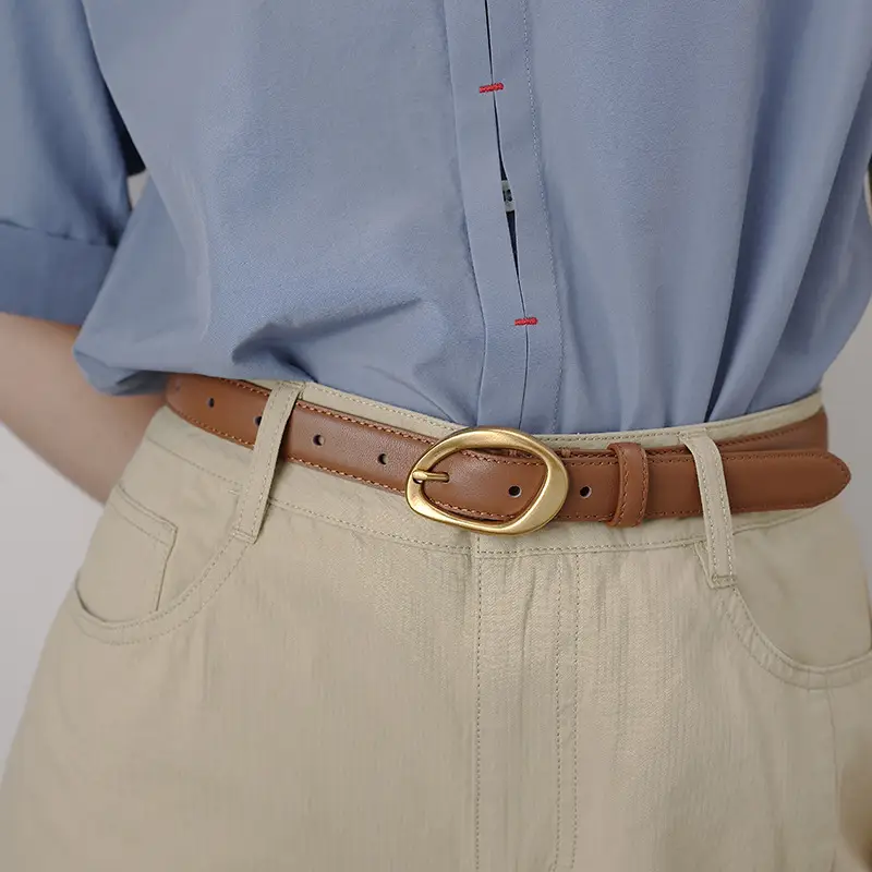 Women's Brown Leather Pin Buckle Belt with Gold Plated Buckle - Image 8