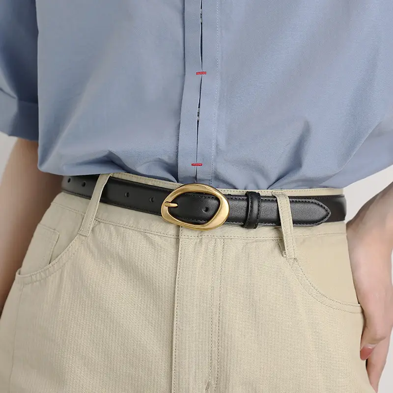 Women's Brown Leather Pin Buckle Belt with Gold Plated Buckle - Image 10