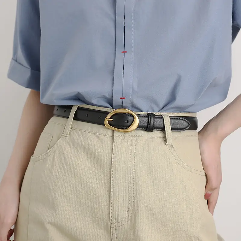 Women's Brown Leather Pin Buckle Belt with Gold Plated Buckle — feature 11