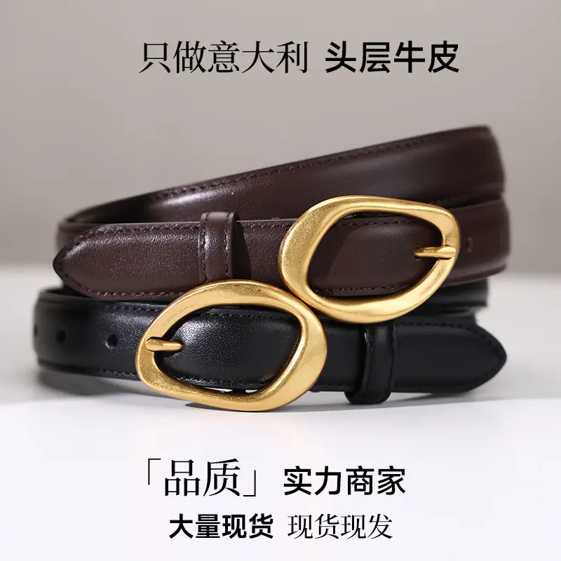 Women's Brown Leather Pin Buckle Belt with Gold Plated Buckle — feature 18