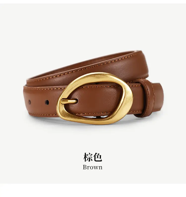 Women's Brown Leather Pin Buckle Belt with Gold Plated Buckle — feature 22