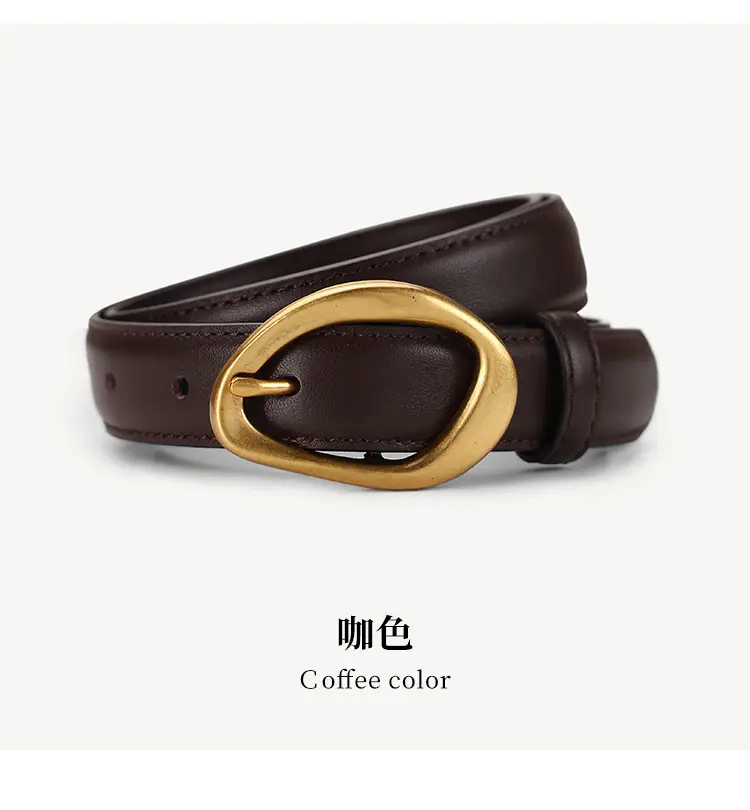 Women's Brown Leather Pin Buckle Belt with Gold Plated Buckle — feature 23