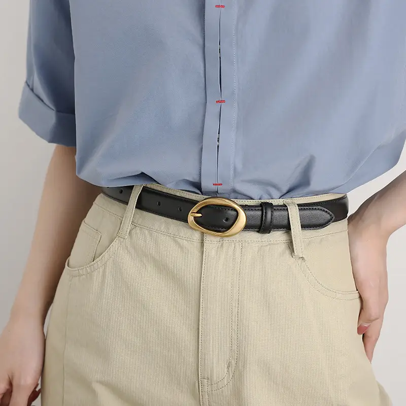 Women's Brown Leather Pin Buckle Belt with Gold Plated Buckle — feature 9
