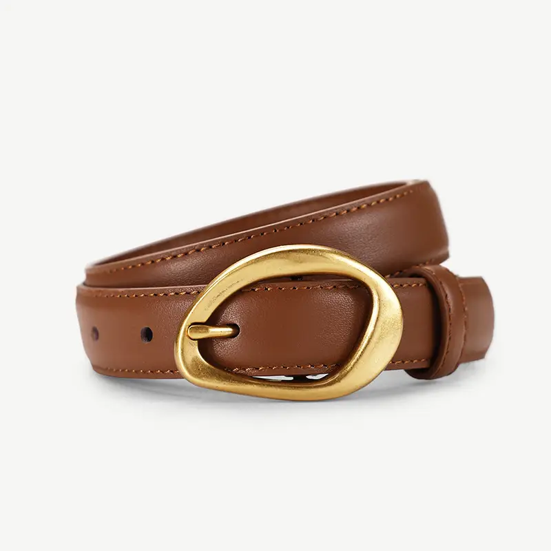 Women's Brown Leather Pin Buckle Belt with Gold Plated Buckle - Image 2