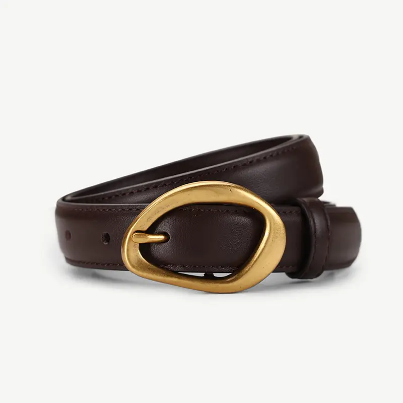 Women's Brown Leather Pin Buckle Belt with Gold Plated Buckle - Image 3