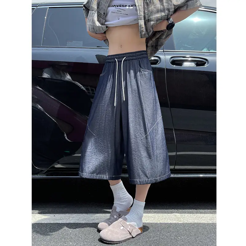 Dark Blue Tencel Cropped Shorts for Men Summer