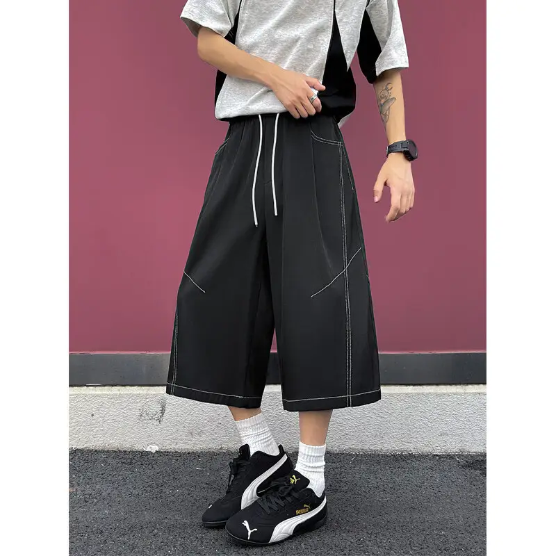 Dark Blue Tencel Cropped Shorts for Men Summer