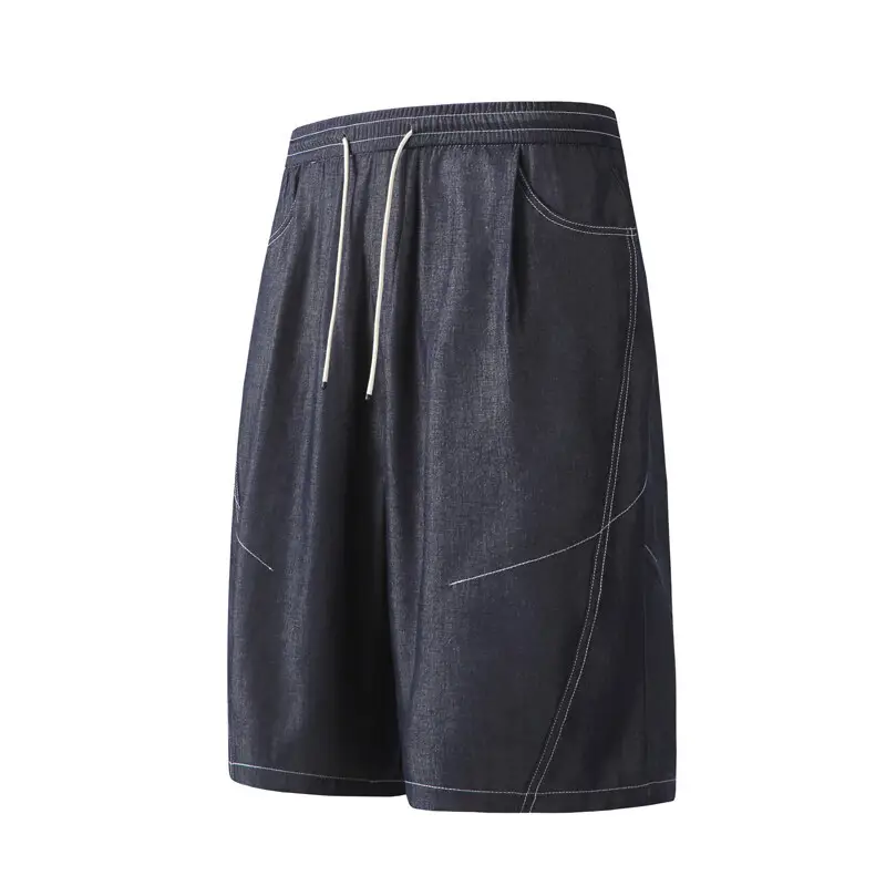 Dark Blue Tencel Cropped Shorts for Men Summer