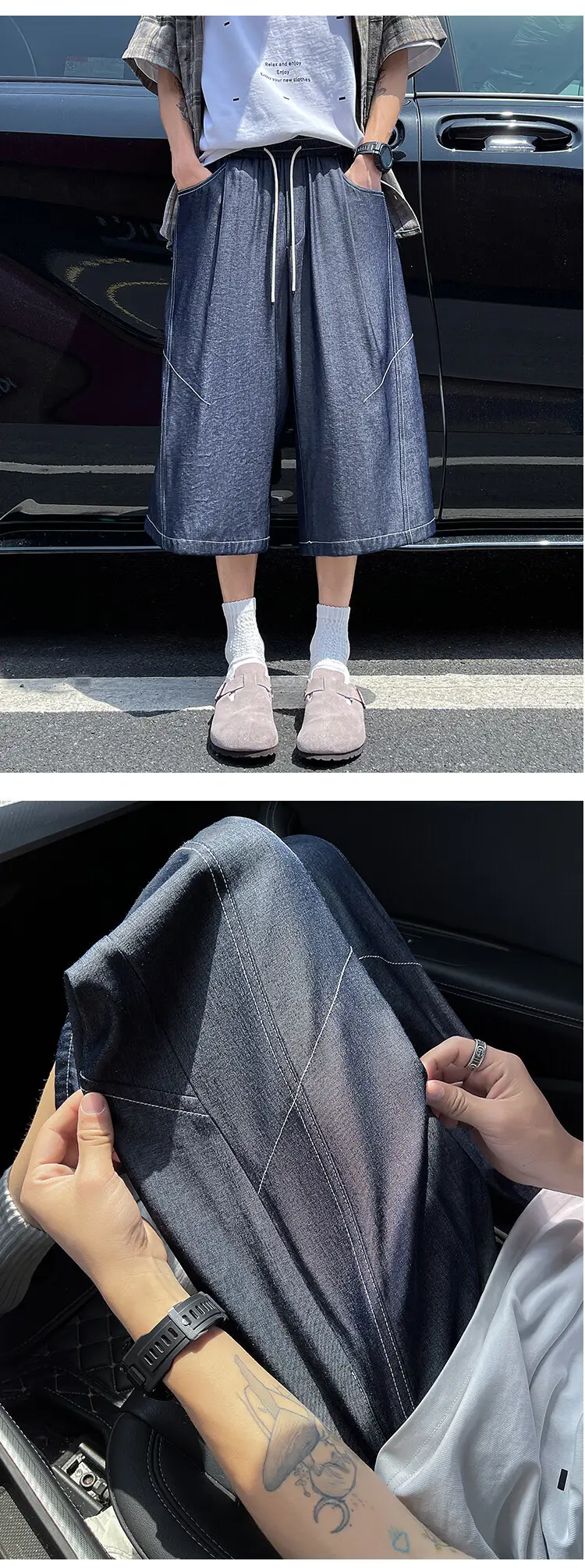 Dark Blue Tencel Cropped Shorts for Men Summer — feature 11
