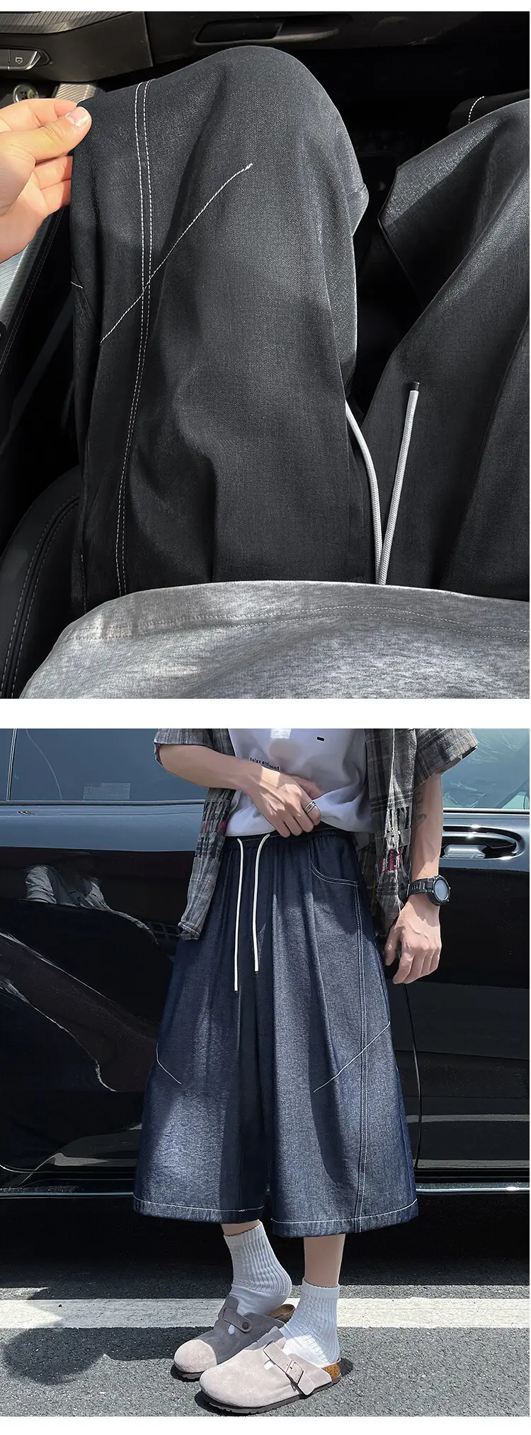Dark Blue Tencel Cropped Shorts for Men Summer — feature 8