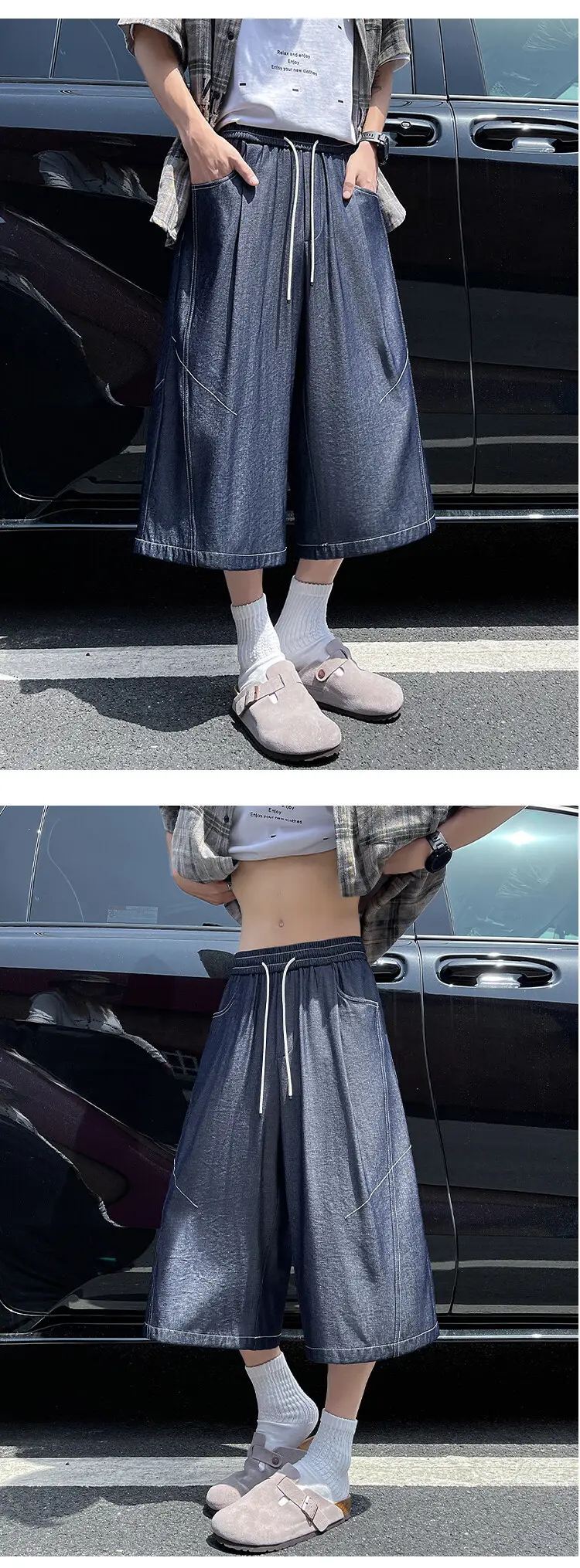 Dark Blue Tencel Cropped Shorts for Men Summer — feature 9