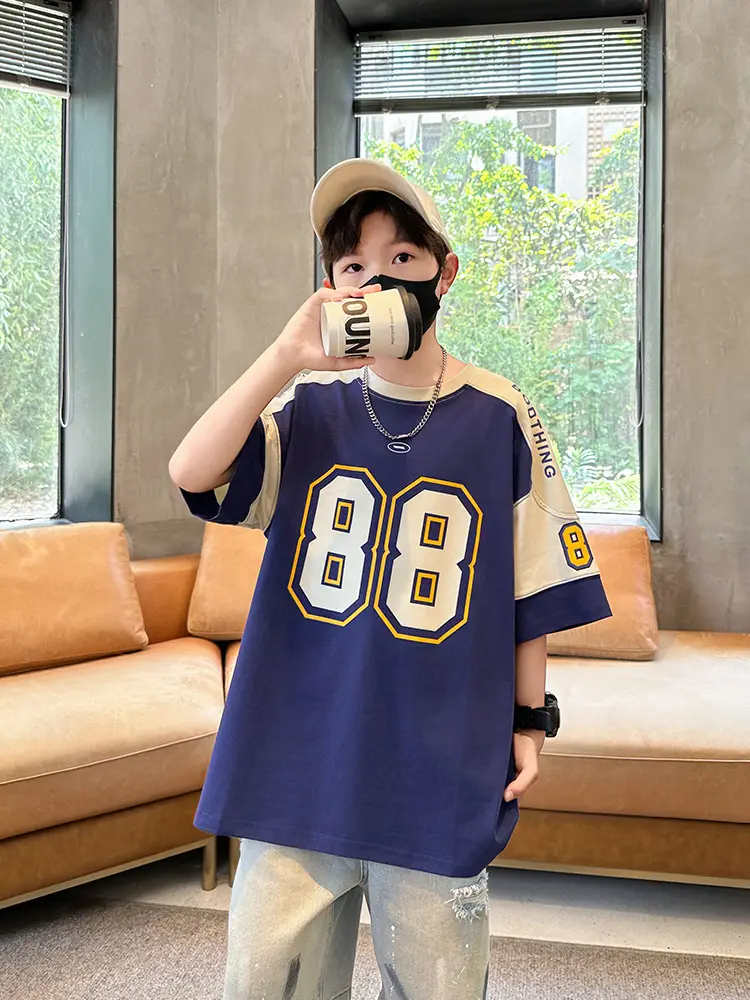 Summer Boys T-Shirt Navy Blue Letter Print Half Sleeve - Image 3