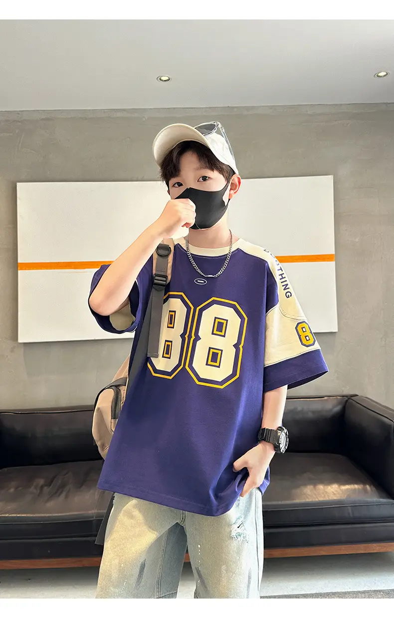Summer Boys T-Shirt Navy Blue Letter Print Half Sleeve — feature 14