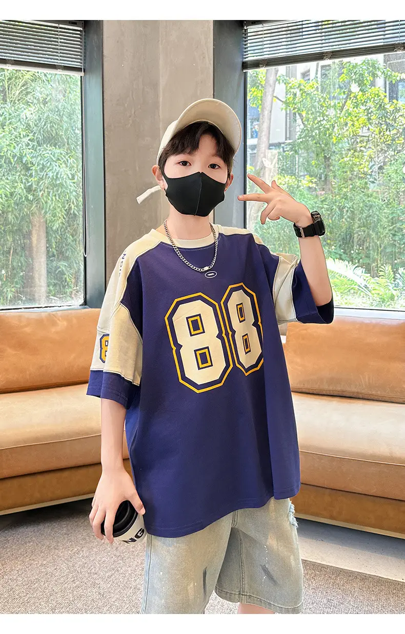 Summer Boys T-Shirt Navy Blue Letter Print Half Sleeve — feature 15