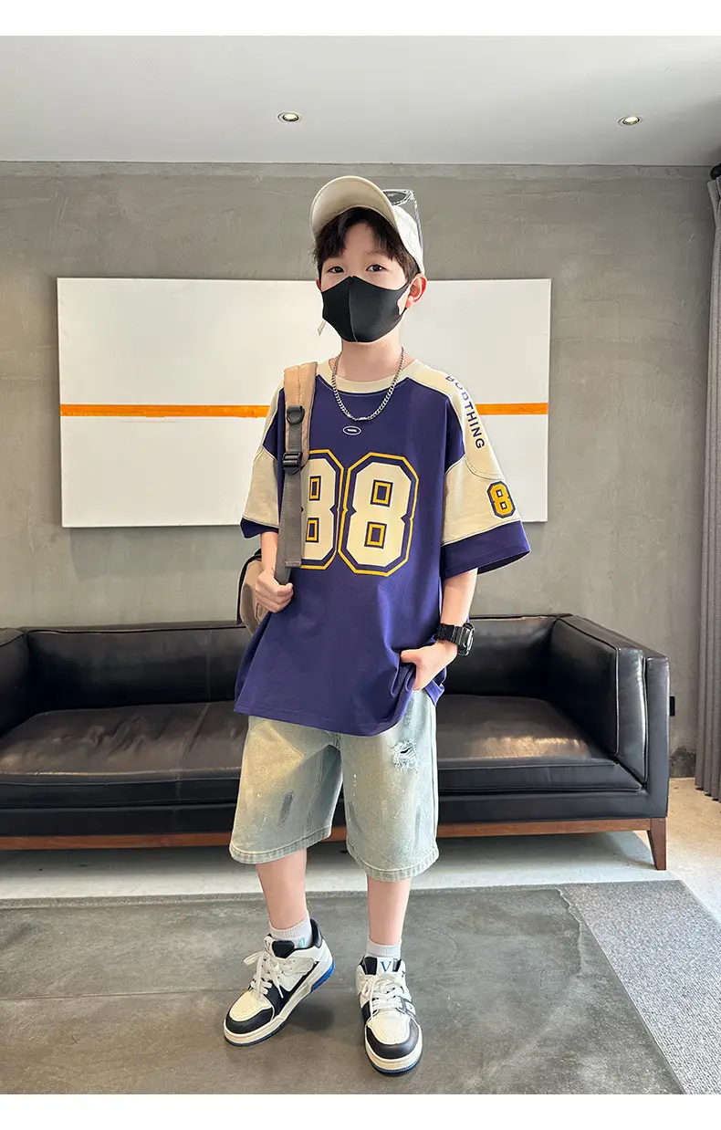 Summer Boys T-Shirt Navy Blue Letter Print Half Sleeve — feature 17