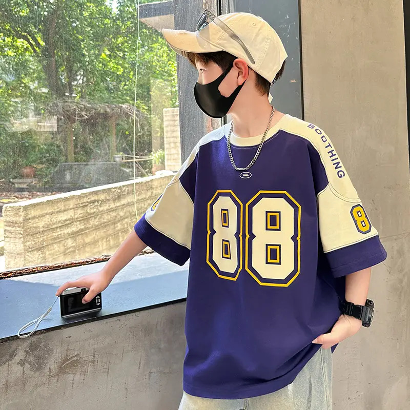 Summer Boys T-Shirt Navy Blue Letter Print Half Sleeve — feature 2