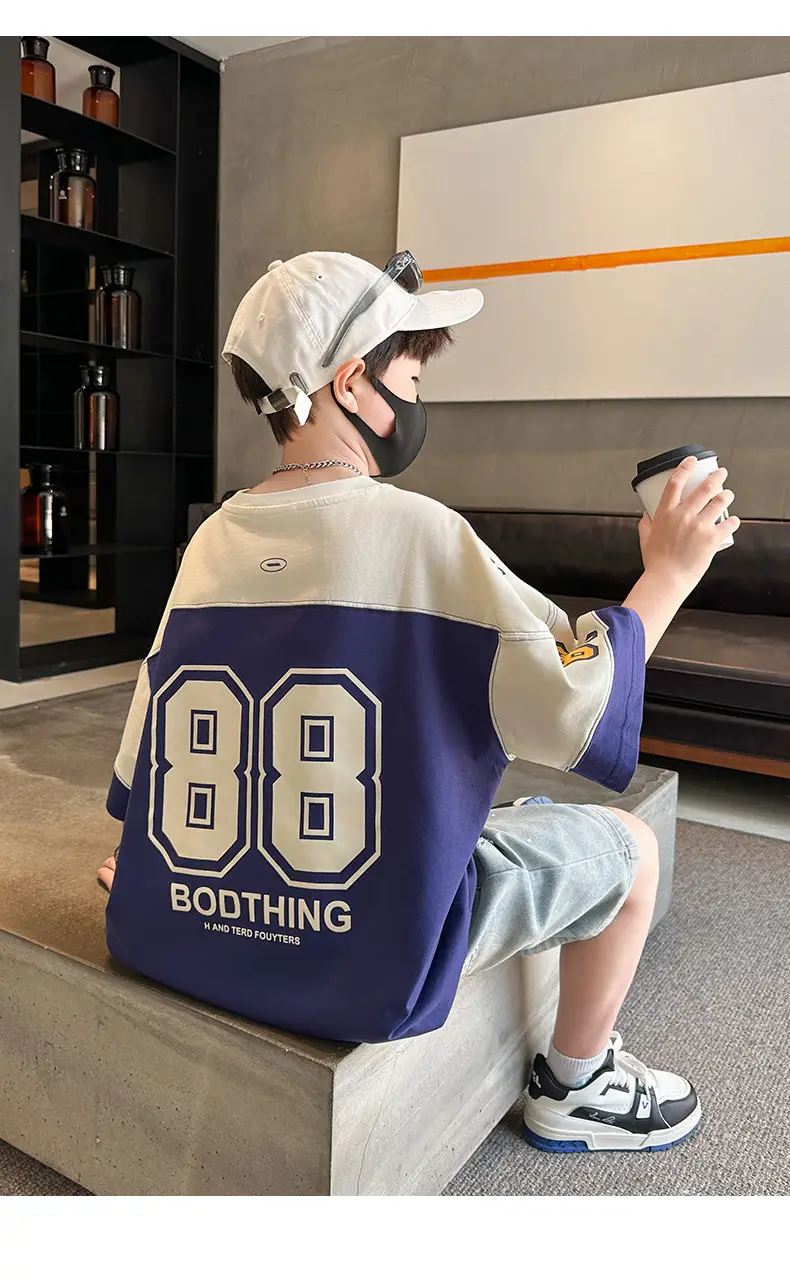 Summer Boys T-Shirt Navy Blue Letter Print Half Sleeve — feature 20