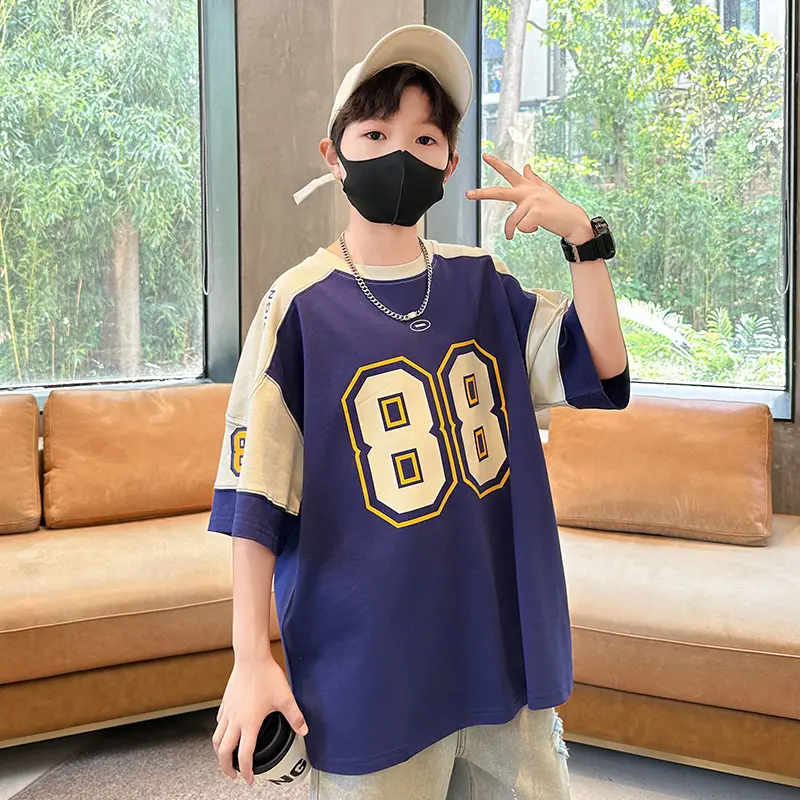 Summer Boys T-Shirt Navy Blue Letter Print Half Sleeve — feature 3
