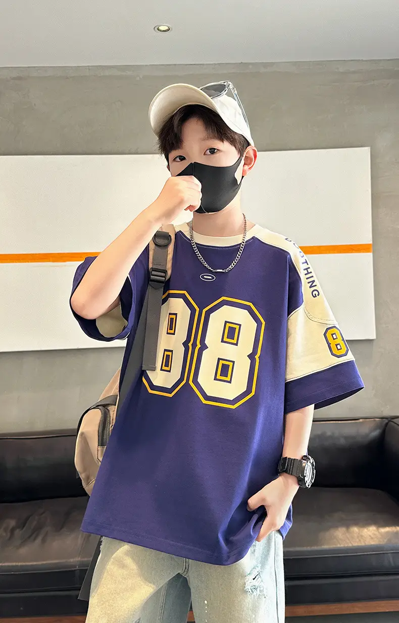 Summer Boys T-Shirt Navy Blue Letter Print Half Sleeve — feature 5