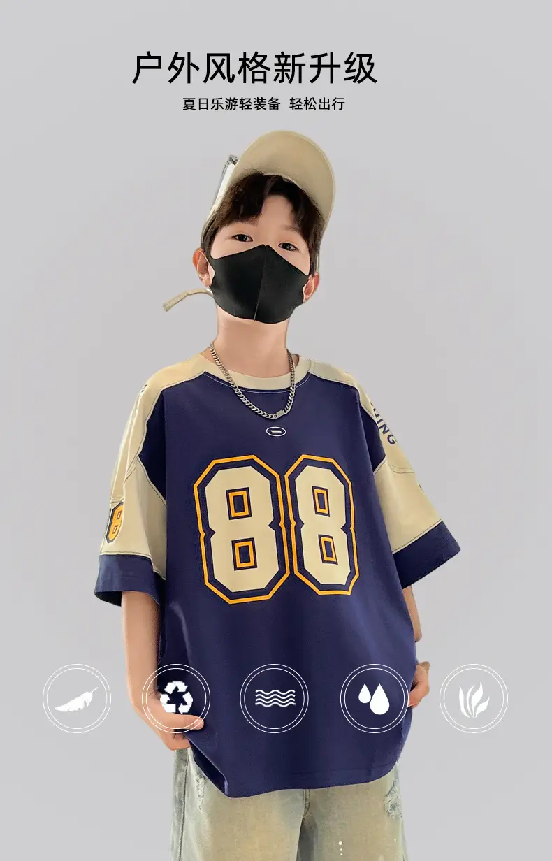 Summer Boys T-Shirt Navy Blue Letter Print Half Sleeve — feature 7