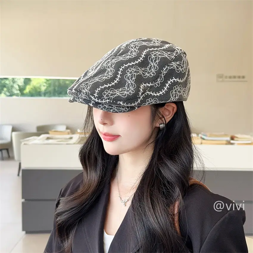 Women Retro Mesh Lace Cap Spring Autumn Large Circumference - Image 5