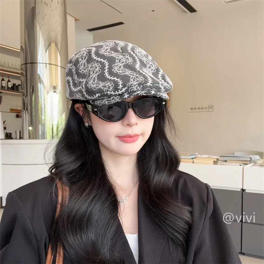 Women Retro Mesh Lace Cap Spring Autumn Large Circumference - Image 6