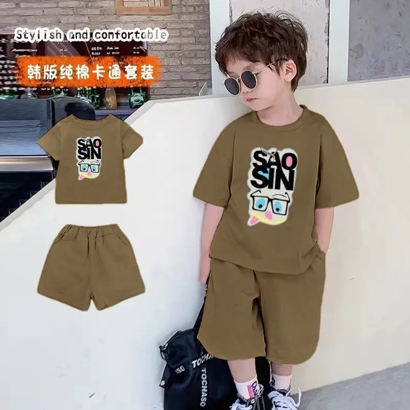 Boys 100% Cotton Summer Suit Grey Short Sleeve T-Shirt Shorts - Image 4