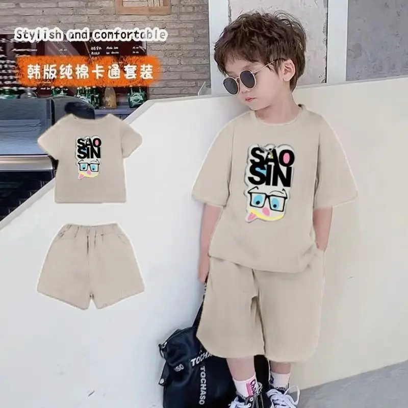 Boys 100% Cotton Summer Suit Grey Short Sleeve T-Shirt Shorts - Image 2