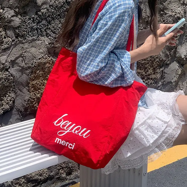 Red Striped Canvas Tote Bag for Women Large Capacity - Image 3