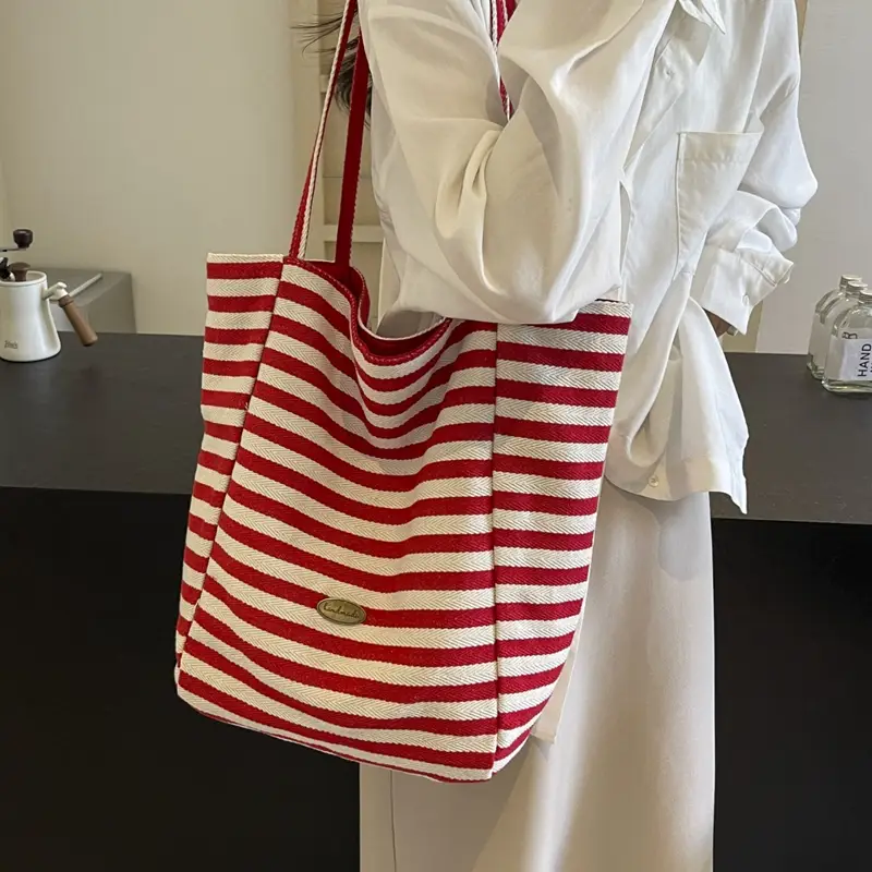 Red Striped Canvas Tote Bag for Women Large Capacity - Image 6