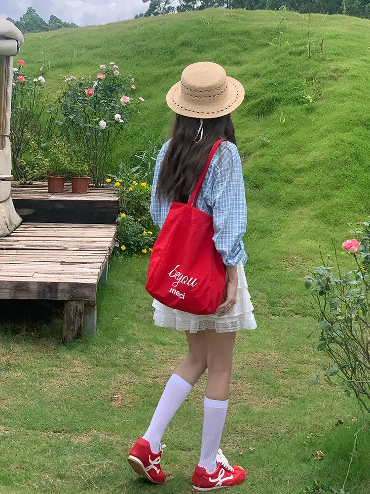 Red Striped Canvas Tote Bag for Women Large Capacity — feature 11