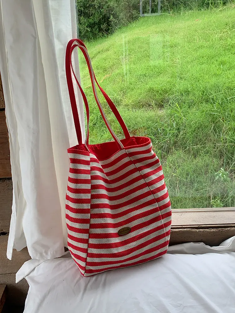 Red Striped Canvas Tote Bag for Women Large Capacity — feature 3