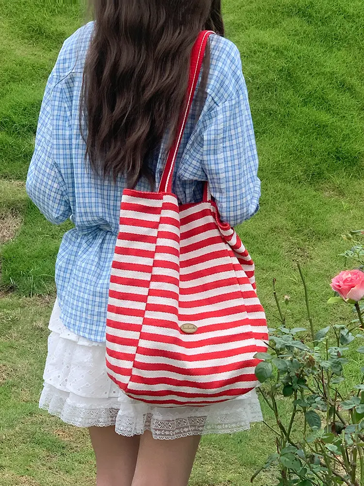 Red Striped Canvas Tote Bag for Women Large Capacity — feature 6