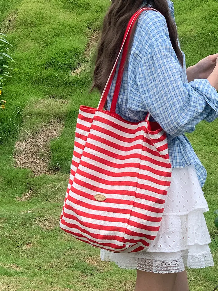 Red Striped Canvas Tote Bag for Women Large Capacity — feature 7