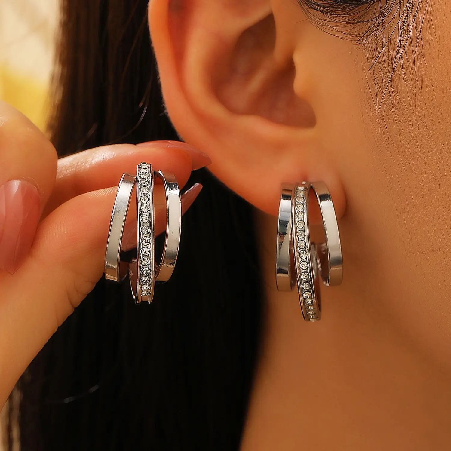 Golden C-Shape Earrings with Diamond Stoppers - Image 4