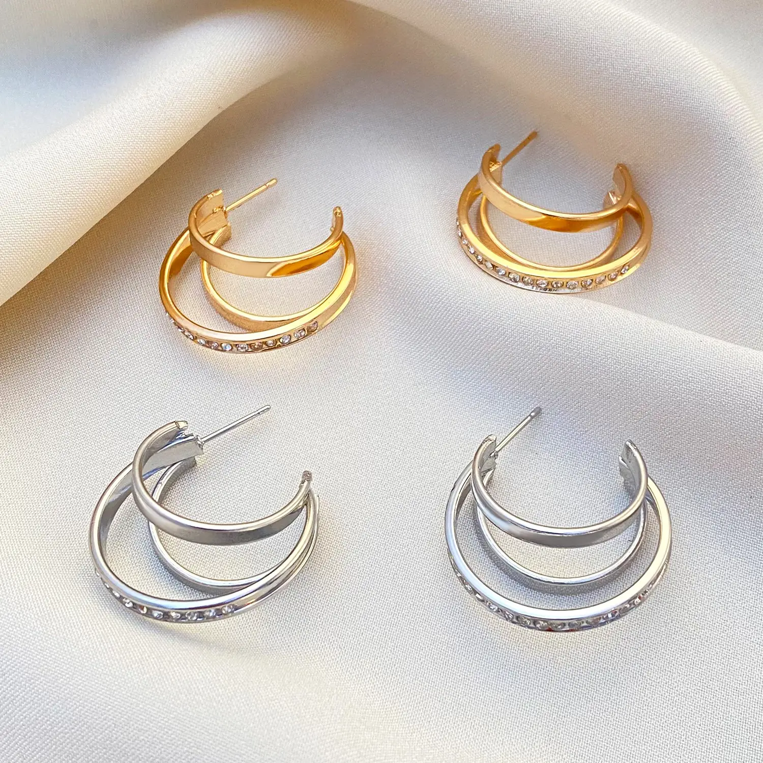 Golden C-Shape Earrings with Diamond Stoppers - Image 5