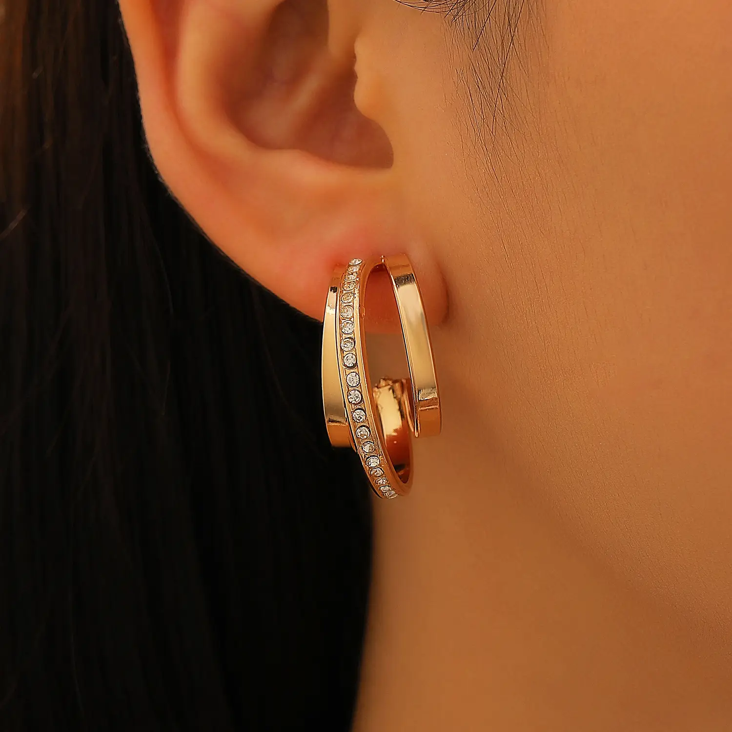 Golden C-Shape Earrings with Diamond Stoppers — feature 7