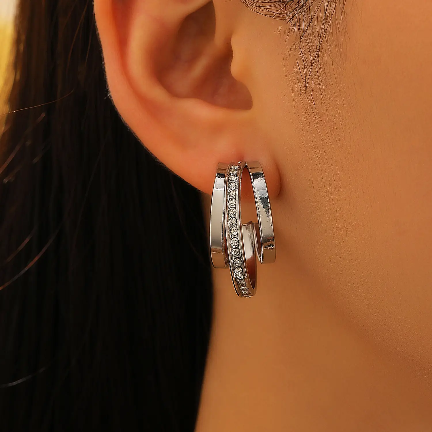 Golden C-Shape Earrings with Diamond Stoppers — feature 8