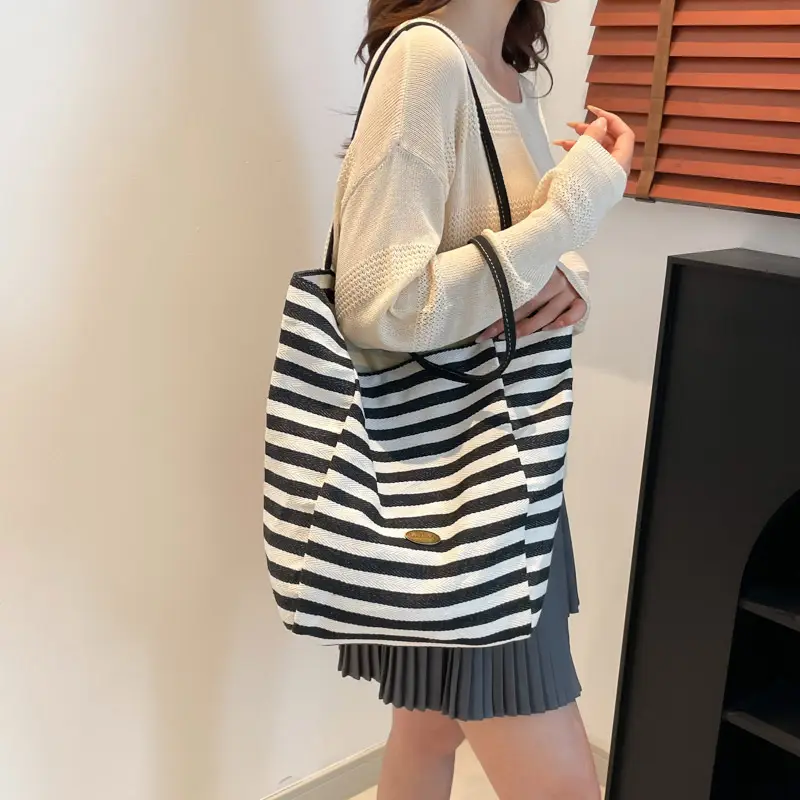 Green Striped Canvas Tote Bag Large Capacity Korean Style - Image 10