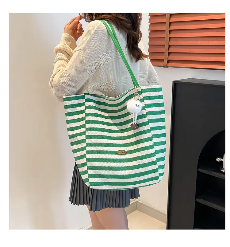 Green Striped Canvas Tote Bag Large Capacity Korean Style — feature 18