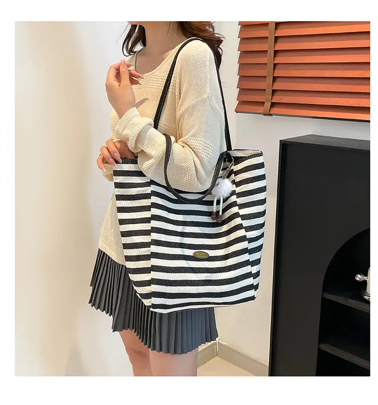 Green Striped Canvas Tote Bag Large Capacity Korean Style — feature 19
