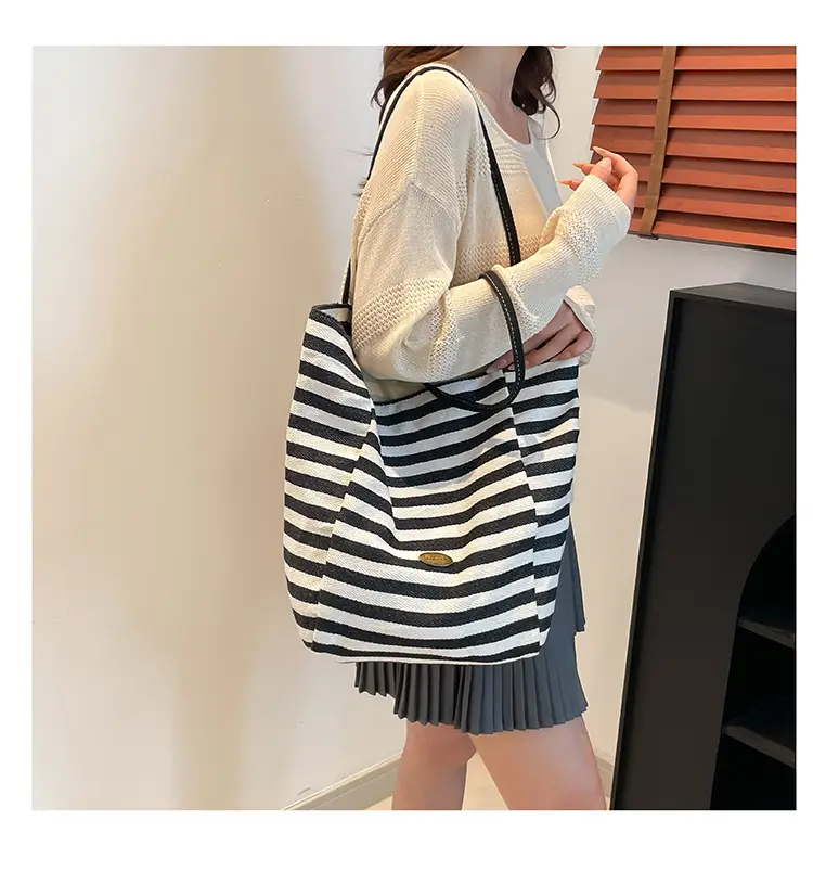 Green Striped Canvas Tote Bag Large Capacity Korean Style — feature 21