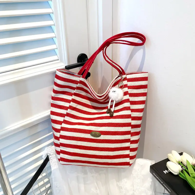 Green Striped Canvas Tote Bag Large Capacity Korean Style - Image 2