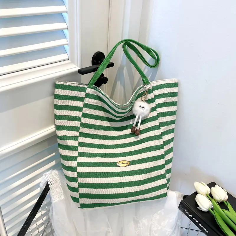 Green Striped Canvas Tote Bag Large Capacity Korean Style - Image 3
